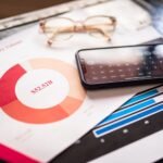 Smartphone on business documents with charts and graphs, illustrating financial analysis.