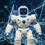 A modern humanoid robot with luminous features set against a digital network backdrop.