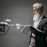 A scientist interacts with a robot helper, demonstrating modern technological innovation.