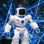 Advanced humanoid robot with glowing blue accents in a digital network setting.