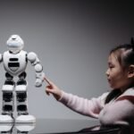 A young girl engaging with a robotic toy, highlighting curiosity and innovation.
