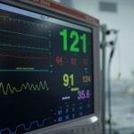 Close-up view of a vital signs monitor showing various medical readings in a hospital setting.