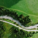 A breathtaking aerial view of lush greenery and winding paths in Canazei, Italy.